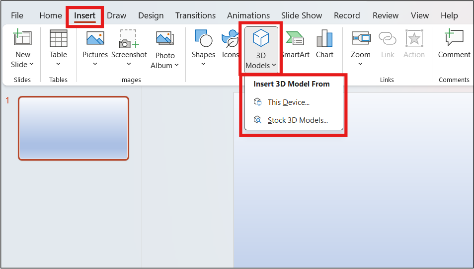 Inserting 3D Model from This Device & Stock 3D Models Option in PowerPoint