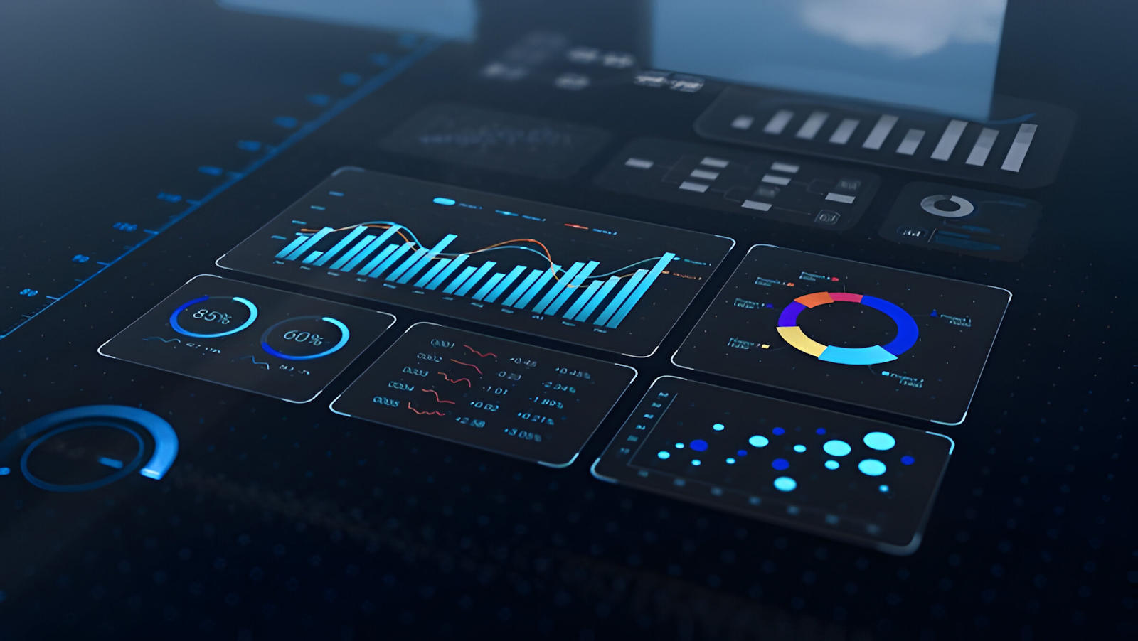 Digital dashboard displaying charts and graphs, symbolizing the challenge of handling large volumes of data securely in accounting.