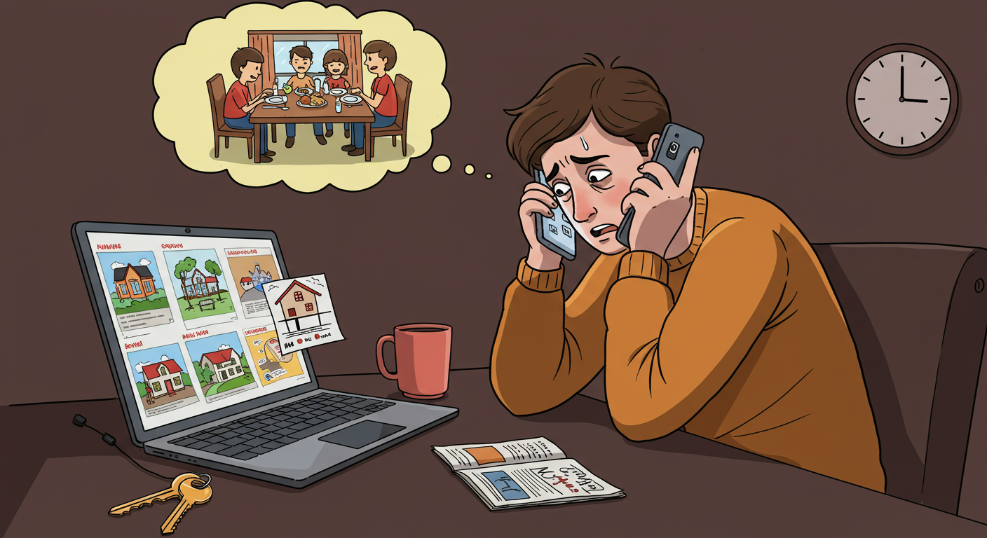 Overwhelmed FSBO seller juggling multiple tasks while missing a family dinner, showing time investment and opportunity costs.