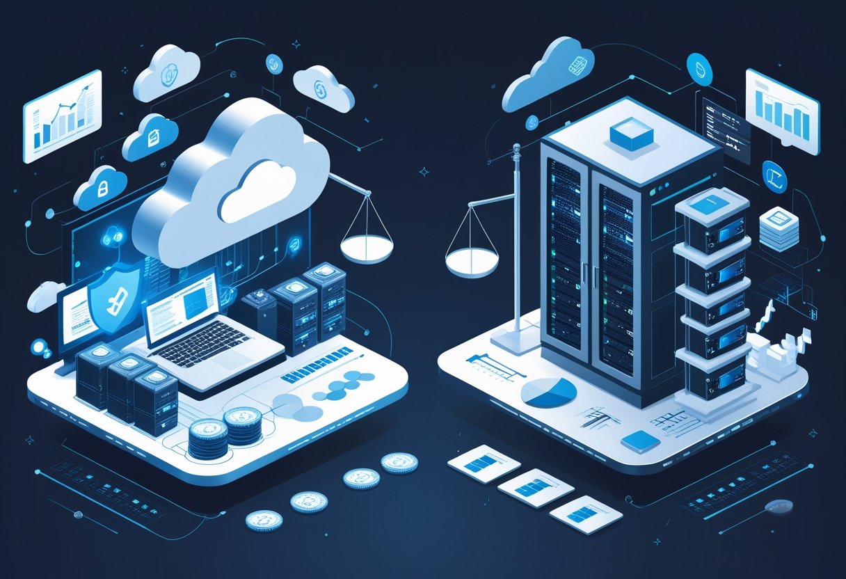 A balanced comparison showing cloud computing with digital servers on one side and a traditional on-premise data center with physical servers on the other, connected by symbols representing cost and budgeting.