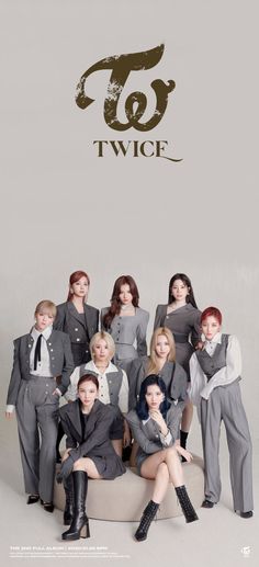 This contains an image of TWICE members posing for a photo in front of a wall with the words twice on it