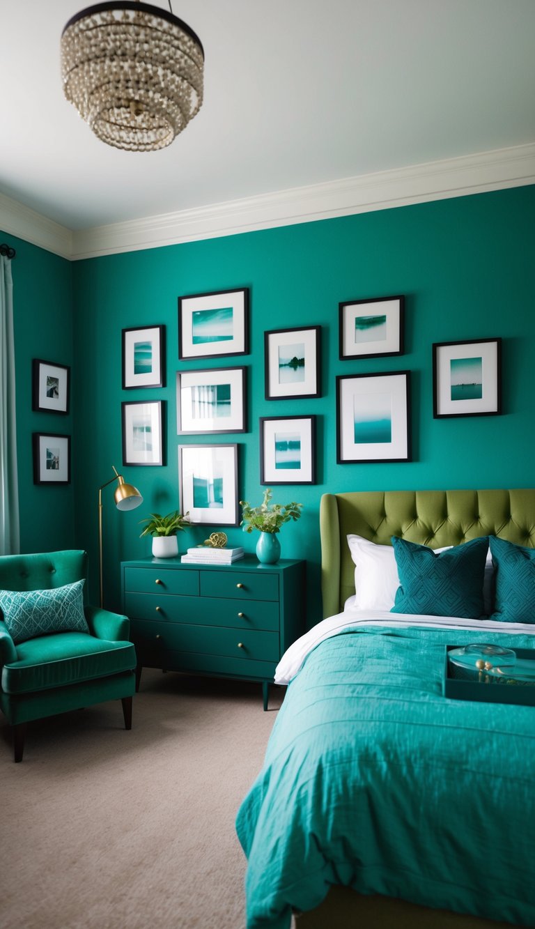 A cozy bedroom with teal green picture frames on the wall, surrounded by various shades of green decor and furniture