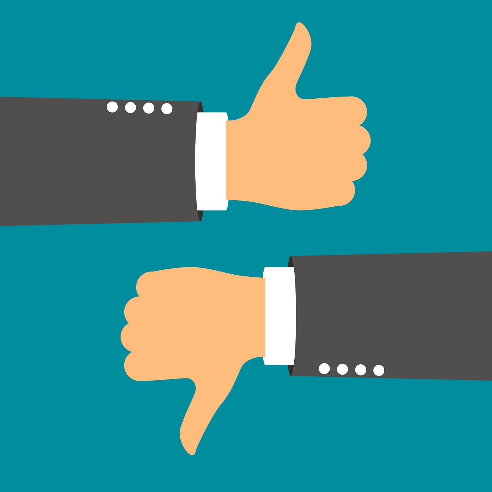 (Two hands are shown against a teal background, illustrating the concept of choice. The top hand gives a thumbs-up gesture, while the bottom hand presents a thumbs-down gesture. Both hands are clad in dark suits.)