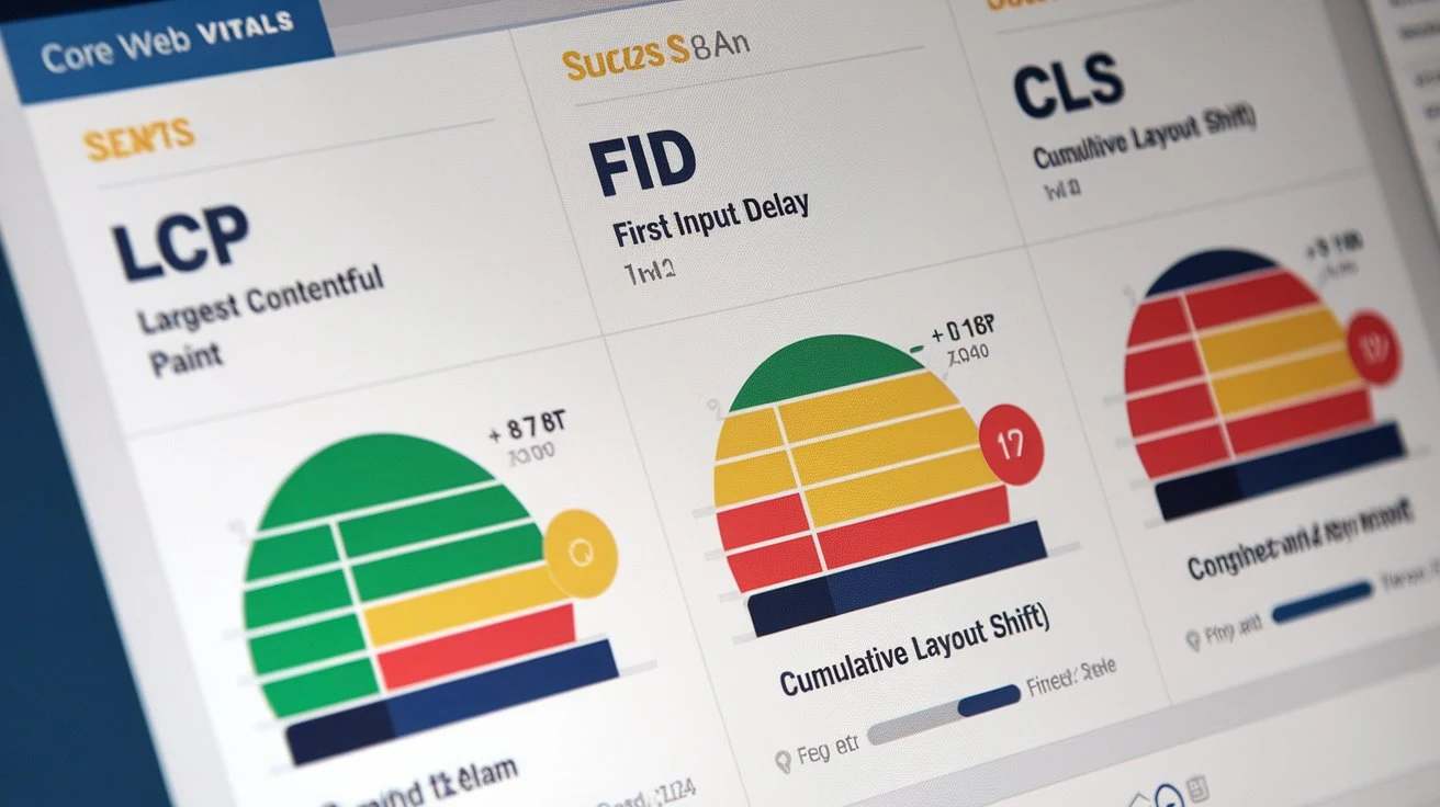 "Dashboard showing Core Web Vitals metrics, including LCP, FID, and CLS, for website performance analysis.