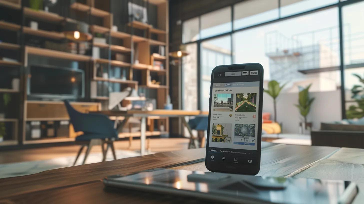 a dynamic urban office space showcases a sleek mobile device displaying a meticulously designed website interface, highlighting responsive navigation with vibrant icons and an intuitive touch interface.