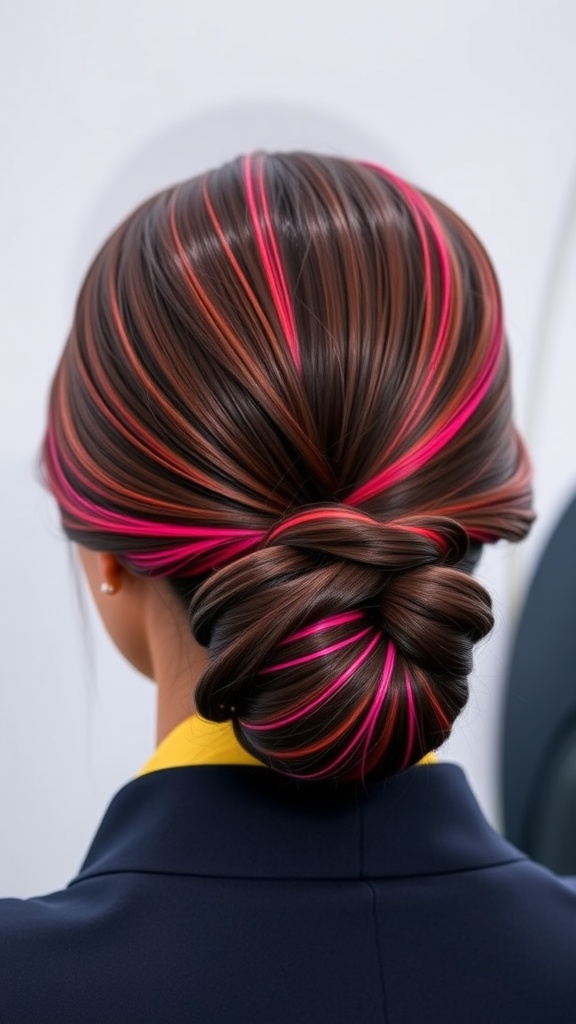 A close-up view of a sleek low bun hairstyle with pink highlights, worn by a flight attendant in a uniform.