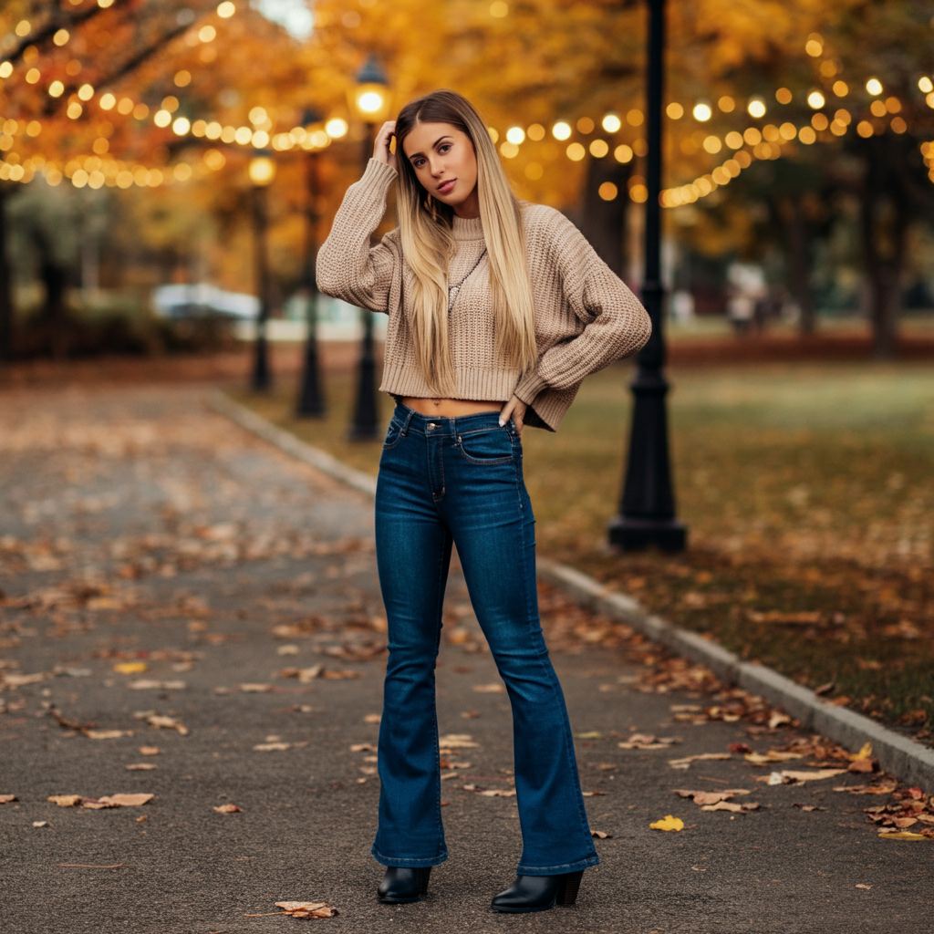 Woman in flare jeans with cropped sweater and booties