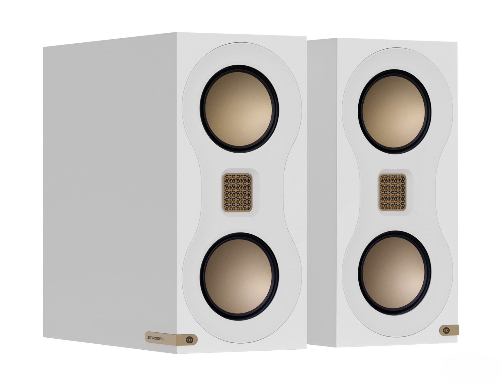 A pair of Monitor Audio Studio 89 bookshelf speakers in High Gloss White finish.