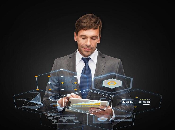 business, communication, modern technology and office concept - buisnessman with tablet pc