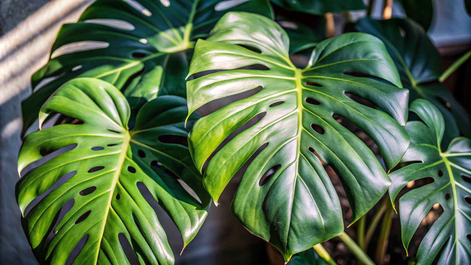 Costela-de-Adão com folhas recortadas em luz indireta, destacada em jardim tropical.