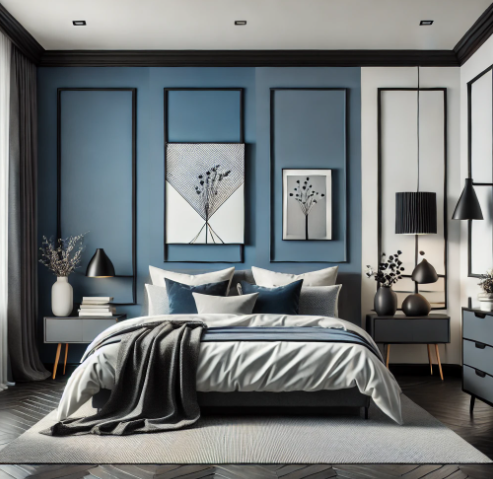 Modern bedroom with a cityscape-inspired palette of blue, white, grey, and black.
