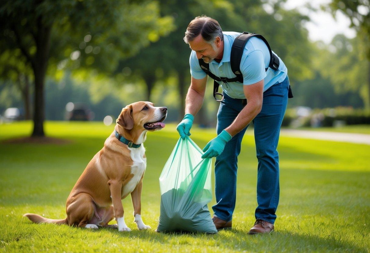 A large dog owner in North Carolina using a biodegradable bag to pick up pet waste in a grassy park setting