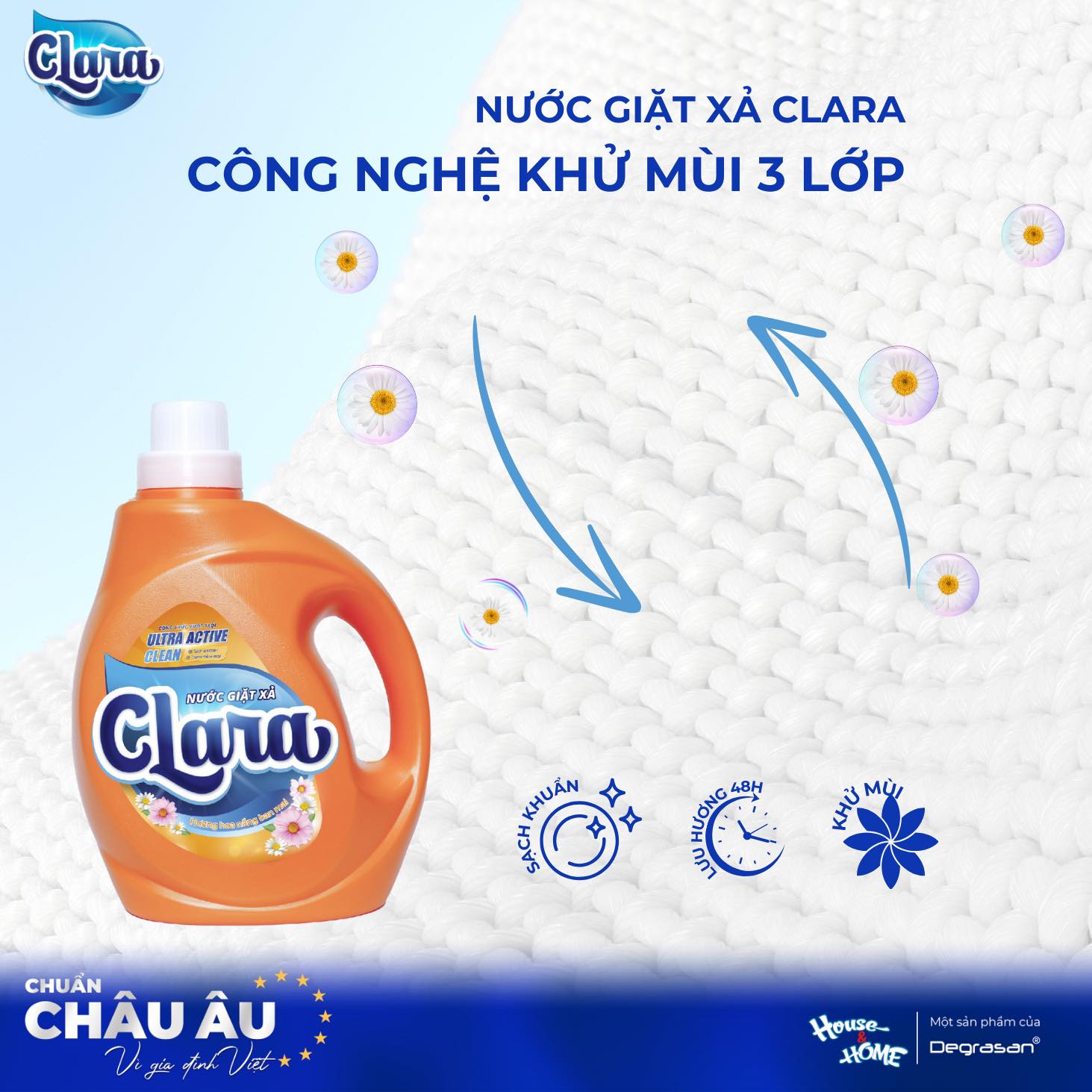 Nước giặt xả Clara làm sạch sâu và lưu hương trên vải đến 48h