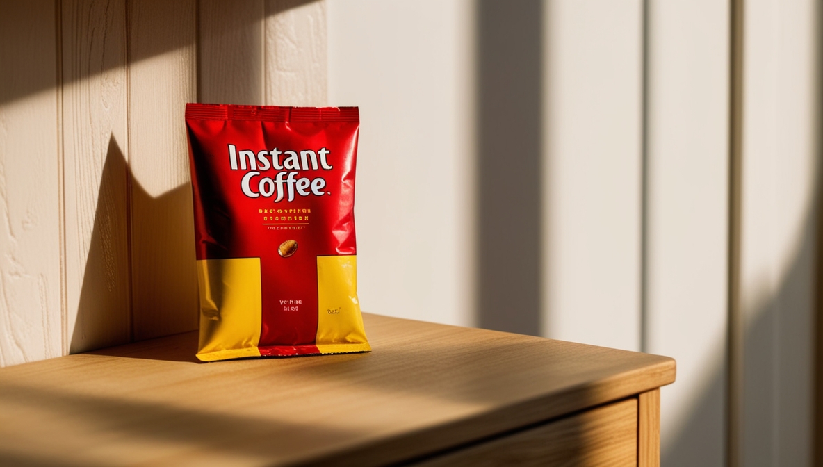 Brightly lit red and yellow package of instant coffee placed on a wooden surface, with sunlight casting soft shadows from a nearby window.