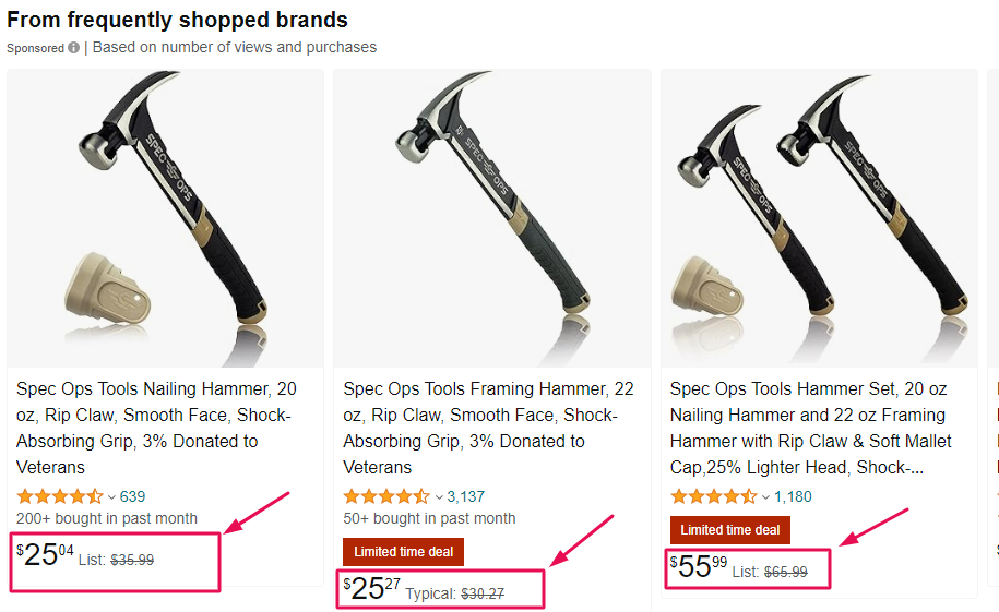 Price anchoring on a series of hammer on amazon