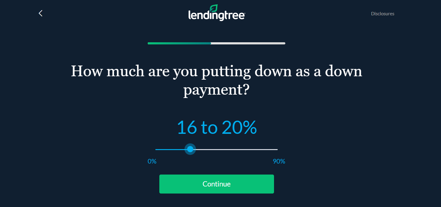 A screencapture of the LendingTree website showing the prompt for how large your downpayment will be