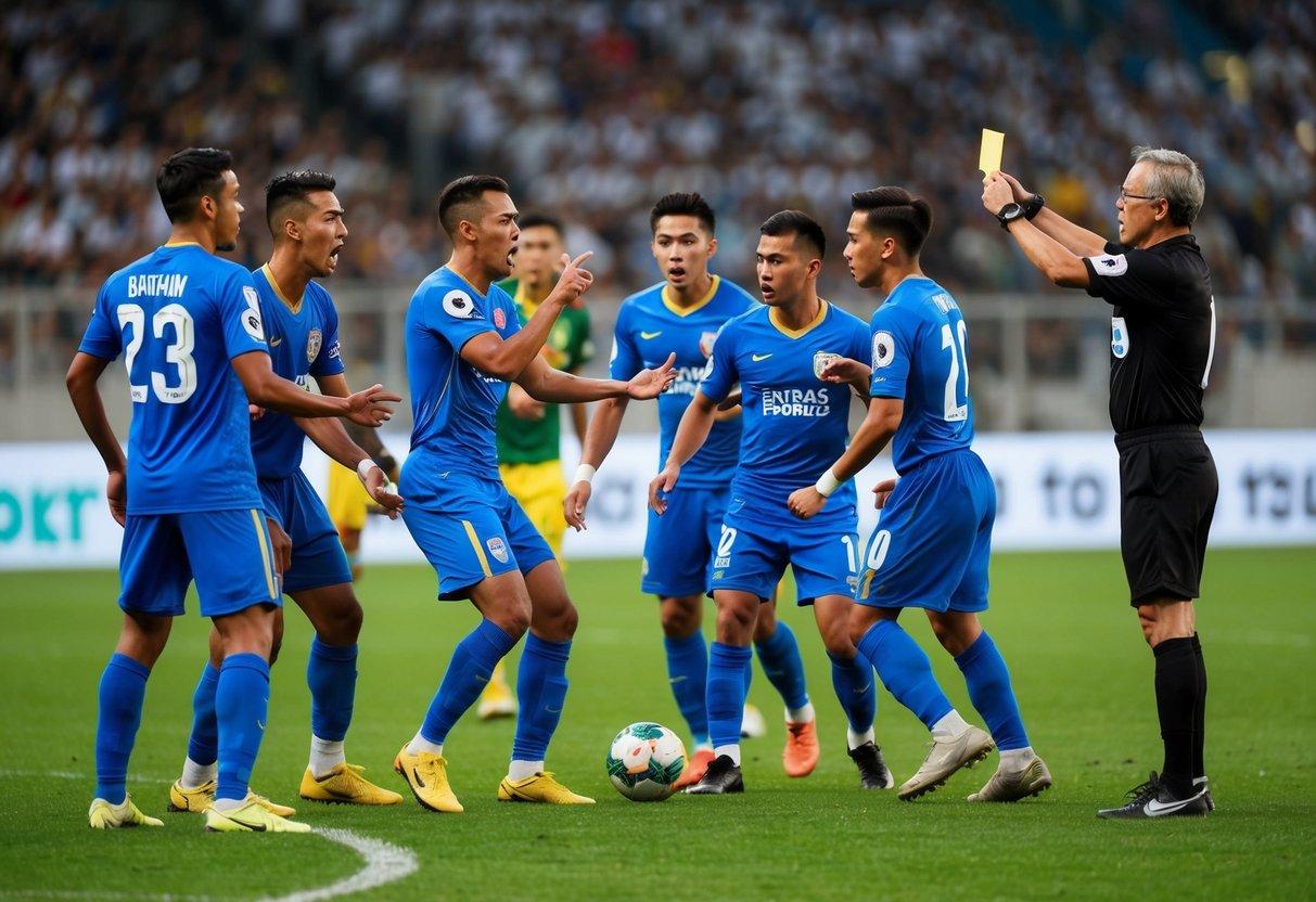 A chaotic Thai football match with players arguing, fouling, and receiving yellow cards from the referee