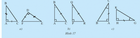 CHƯƠNG 8: TAM GIÁCBÀI 2: TAM GIÁC BẰNG NHAU1. HAI TAM GIÁC BẰNG NHAUBài 1: Dùng kéo cắt một tờ giấy thành hình tam giác ABC. Đặt tam giác ABC lên tờ giấy thứ hai. Vẽ và cắt theo các cạnh của tam giác ABC thành tam giác A B'C'. Hãy so sánh các cạnh và các góc của hai tam giác ABC và A'B'C'.Đáp án chuẩn: AB = A'B'; AC = A'C'; BC = B'C'A=A' ; B=B';C=C' .Thực hành 1: Quan sát hình 4. Hai tam giác ABC và MNP có bằng nhau không? Hãy chỉ ra các cặp góc và các cặp cạnh tương ứng bằng nhauĐáp án chuẩn: AB = MN; AC = MP; BC = NP.A=M; B=N; C=PVận dụng 1: Trong Hình 5, cho biết △GHI=△MNP. Hãy tính số đo góc M và độ dài cạnh GI.Đáp án chuẩn: GI = 5 cm2. CÁC TRƯỜNG HỢP BẰNG NHAU CỦA HAI TAM GIÁCBài 2: Cho tam giác ABC như trong Hình 6a. Lấy một tờ giấy, trên đó vẽ tam giác A'B'C' có ba cạnh bằng ba cạnh của tam giác ABC theo các bước:- Vẽ đoạn thẳng B'C' = CB- Vẽ cung tròn tâm B' có bán kính bằng BA, vẽ cung tròn tâm C' có bán kính bằng CA- Hai cung tròn trên cắt nhau tại A'- Vẽ các đoạn thẳng B'A', C'A', ta được tam giác A'B'C'(Hình 6b).Em hãy cắt rời tam giác A B'C' ra khỏi tờ giấy vừa vẽ và thử xem có thể đặt chồng khít tam giác A'B'C' lên tam giác ABC hay không. Theo em hai tam giác ABC và A'B'C' trong trường hợp này có bằng nhau hay không?Đáp án chuẩn: hai tam giác ABC và A'B'C' trong trường hợp này bằng nhau.Bài 3: Cho tam giác ABC như trong Hình 8a. Lấy một tờ giấy, trên đó vẽ tam giác A'B'C' có B=B', B'A' = BA, B'C' = BC theo các bước:- Vẽ  xB'y =  ABC- Trên tia B'x lấy đoạn B'A' = BA- Trên tia B'y lấy đoạn B'C' = BC- Vẽ đoạn A'C', ta được tam giác A'B'C' (Hình 8b)Em hãy cắt rời tam giác A'B'C' ra khỏi tờ giấy vừa vẽ và thử xem có thể đặt chồng khít tam giác A'B'C' lên tam giác ABC hay không? Theo em, hai tam giác ABC và A'B'C' trong trường hợp này có bằng nhau hay không? Đáp án chuẩn: hai tam giác ABC và A'B'C' trong trường hợp này bằng nhau.Bài 4: Cho tam giác ABC như trong Hình 8a. Lấy một tờ giấy, trên đó vẽ tam giác A'B'C' có Bˆ=B′ˆ, B'A' = BA, B'C' = BC theo các bước:- Vẽ đoạn thẳng B'C