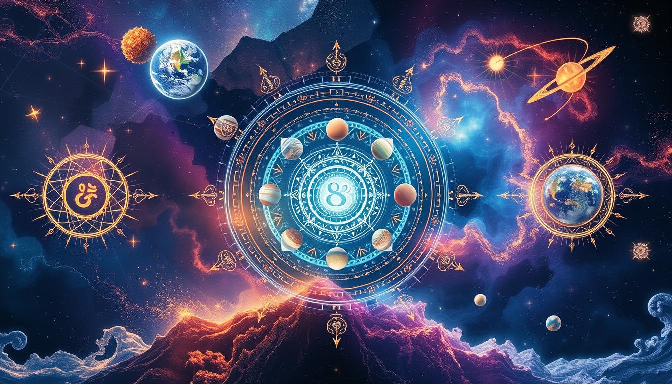 A mystical cosmic scene depicting the 8th house in Vedic astrology, featuring planetary symbols intertwined with ethereal elements representing karma and rebirth, surrounded by celestial imagery and vibrant colors that evoke transformation and depth.