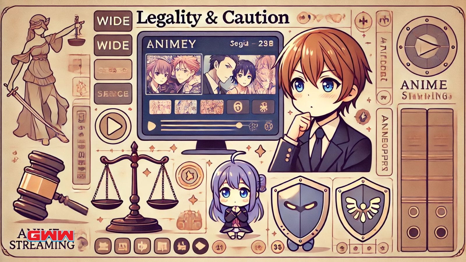 A wide image symbolizing the concept of legality and caution regarding AnimePahe.