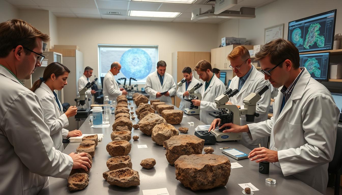Scientists examining core samples from an impact crater drilling project, analyzing shocked minerals under microscopes