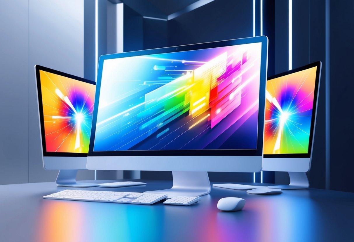 Brightly lit computer screens with colorful and dynamic graphics, surrounded by a sleek and modern setting