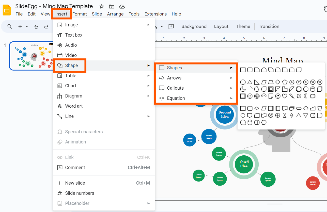 Insert > Shape > Shapes with various shapes are highlighted in Google Slides interface.