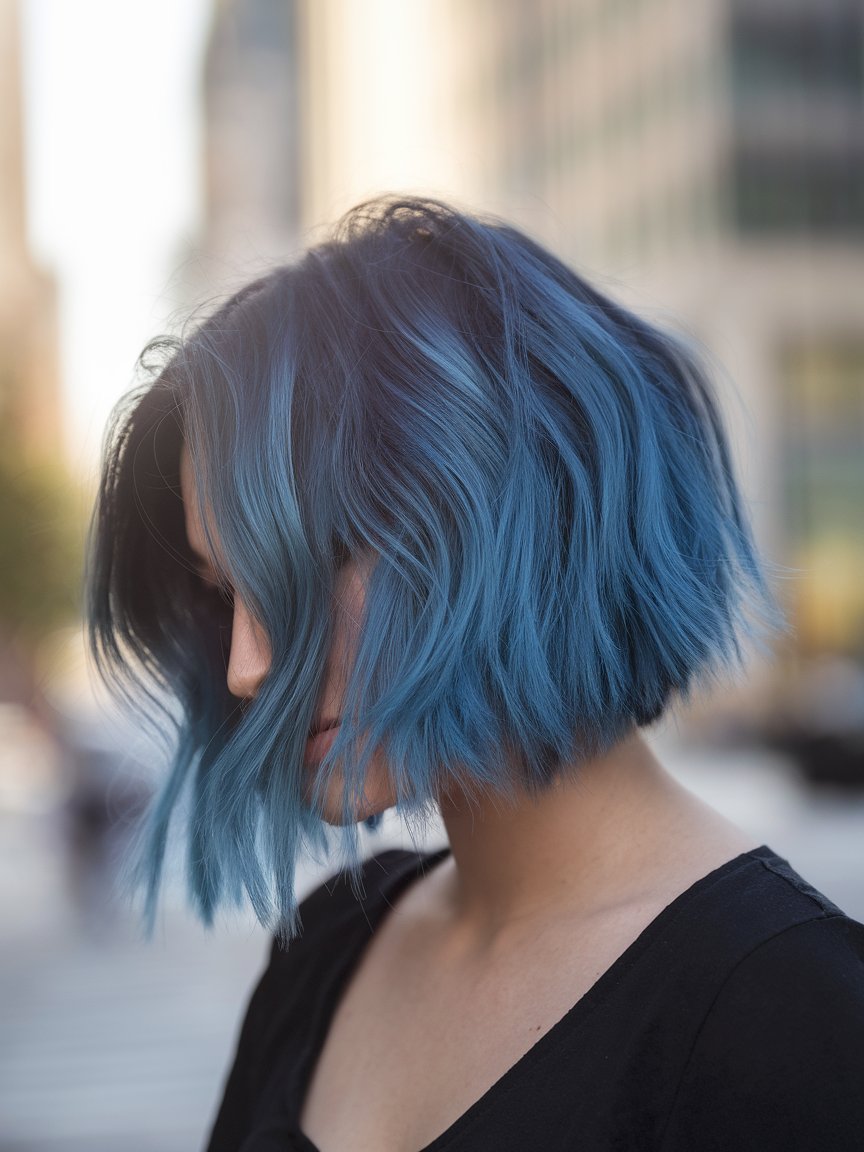 100. Uneven Choppy Bob with Deep Blue Highlights