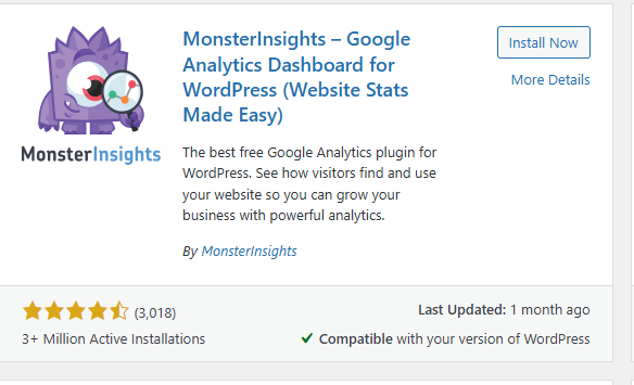 a screenshot of mosterinsights a  WordPress Plugins for Authors