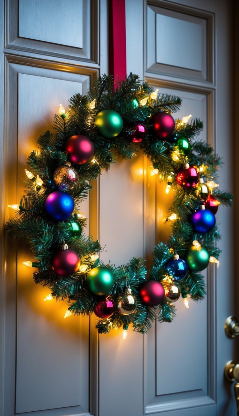 A festive wreath adorned with twinkling lights and colorful ornaments hangs on a front door, casting a warm and inviting glow