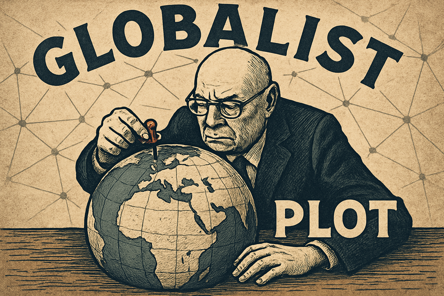 Cartoon illustration of a bald man in a suit placing a pushpin on a globe labeled ‘GLOBALIST PLOT,’ with a network-like background and a depiction of interconnected dots and lines symbolizing a conspiratorial world domination plan