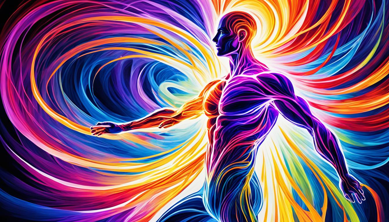 An image of a person with bright, pulsing energy radiating from their body as they tap into their inner sexual power. The energy should be visible in the form of flowing lines and vibrant colors, swirling around the individual and extending outwards. Show the person standing tall and confident, with a sense of empowerment and intensity in their gaze. The environment around them should be dark and mysterious, with hints of seduction and sensuality in the shadows. Use dynamic angles and bold shapes to convey a feeling of raw, unleashed energy and passion.