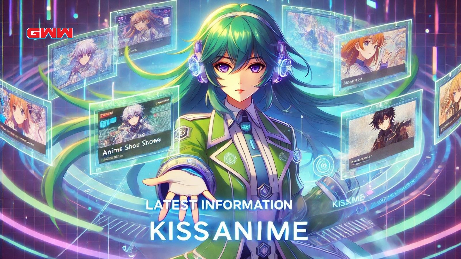  A vibrant anime-style illustration featuring a futuristic anime girl with flowing green hair.