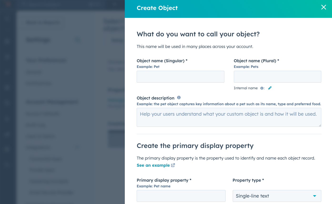 Step 2 of creating custom objects: The settingss