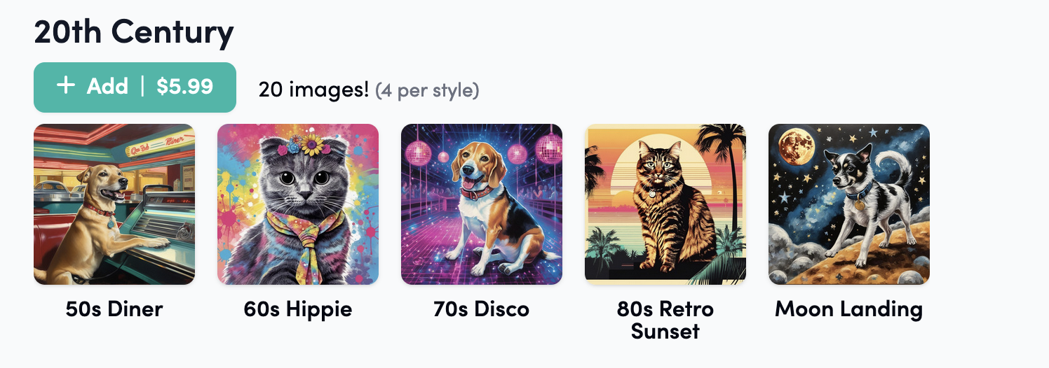 20th Century style pack from PugMug featuring five art styles: 50s Diner, 60s Hippie, 70s Disco, 80s Retro Sunset, and Moon Landing