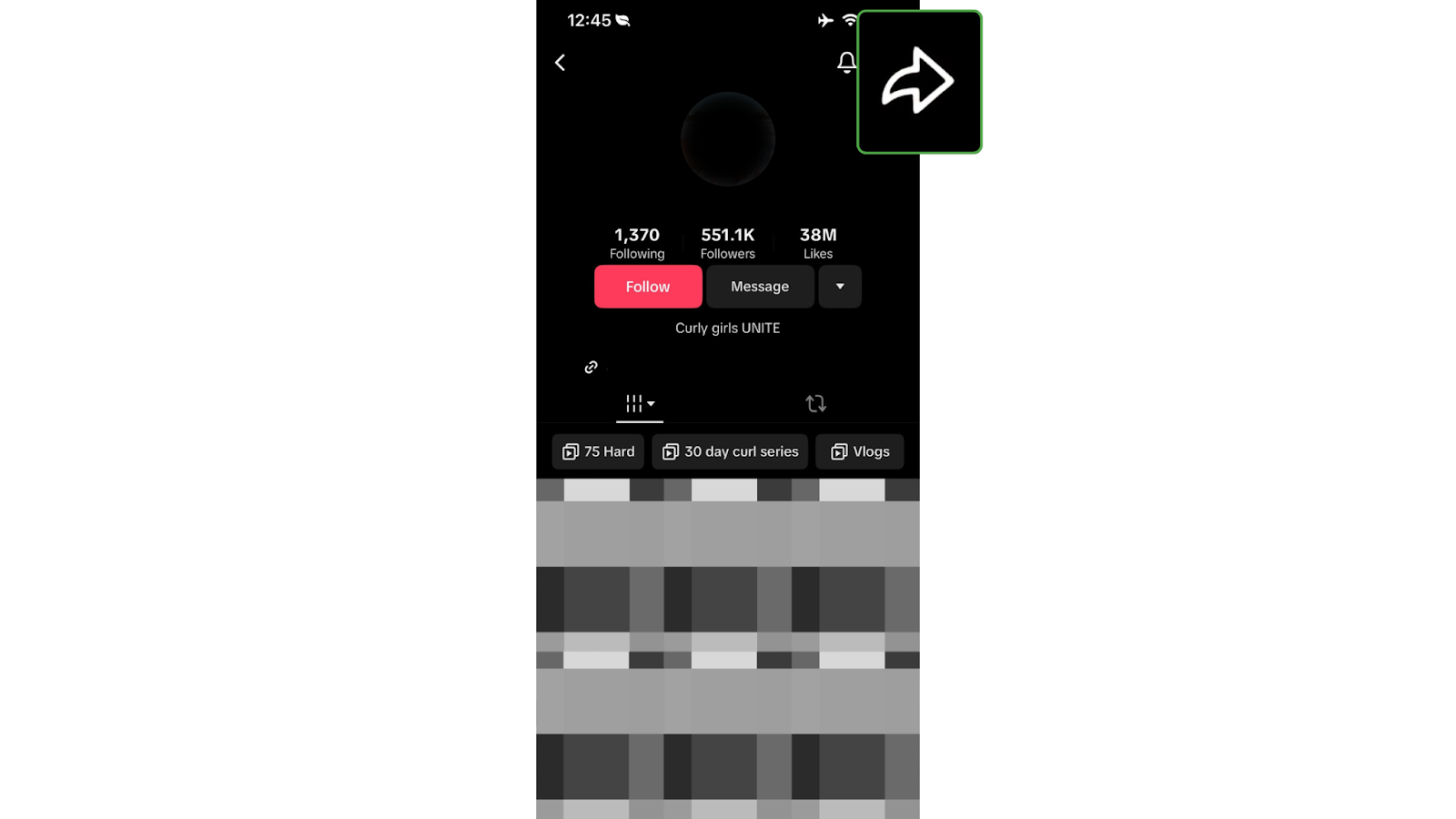 TikTok mobile profile view showing the three-dot menu icon in the top right corner, used to access account options.