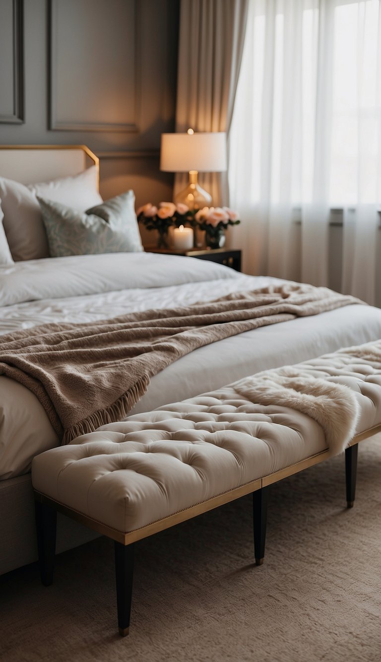 An elegant bed bench sits at the foot of a luxurious bed, surrounded by soft lighting and romantic decor