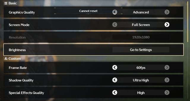 r/gachagaming - Basic Graphics Quality Screen Mode Resolution Brightness Custom Frame Rate Shadow Quality Special Effects Quality Cannot reset Advanced Full Screen 1920x1080 Go to Settings 60fps < Ultra High High
