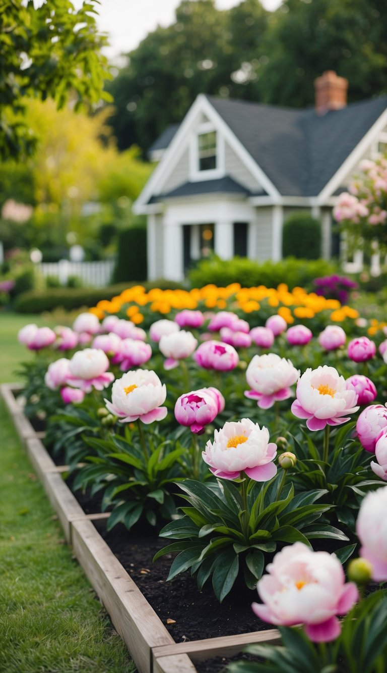 Twenty-one peonies bloom in neat flower beds in front of a charming house. The vibrant colors and lush greenery create a picturesque scene