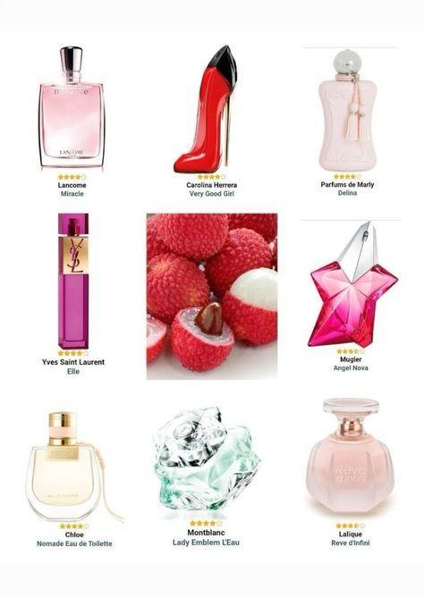 This may contain: many different types of perfumes are shown in this image, including one pink and one red