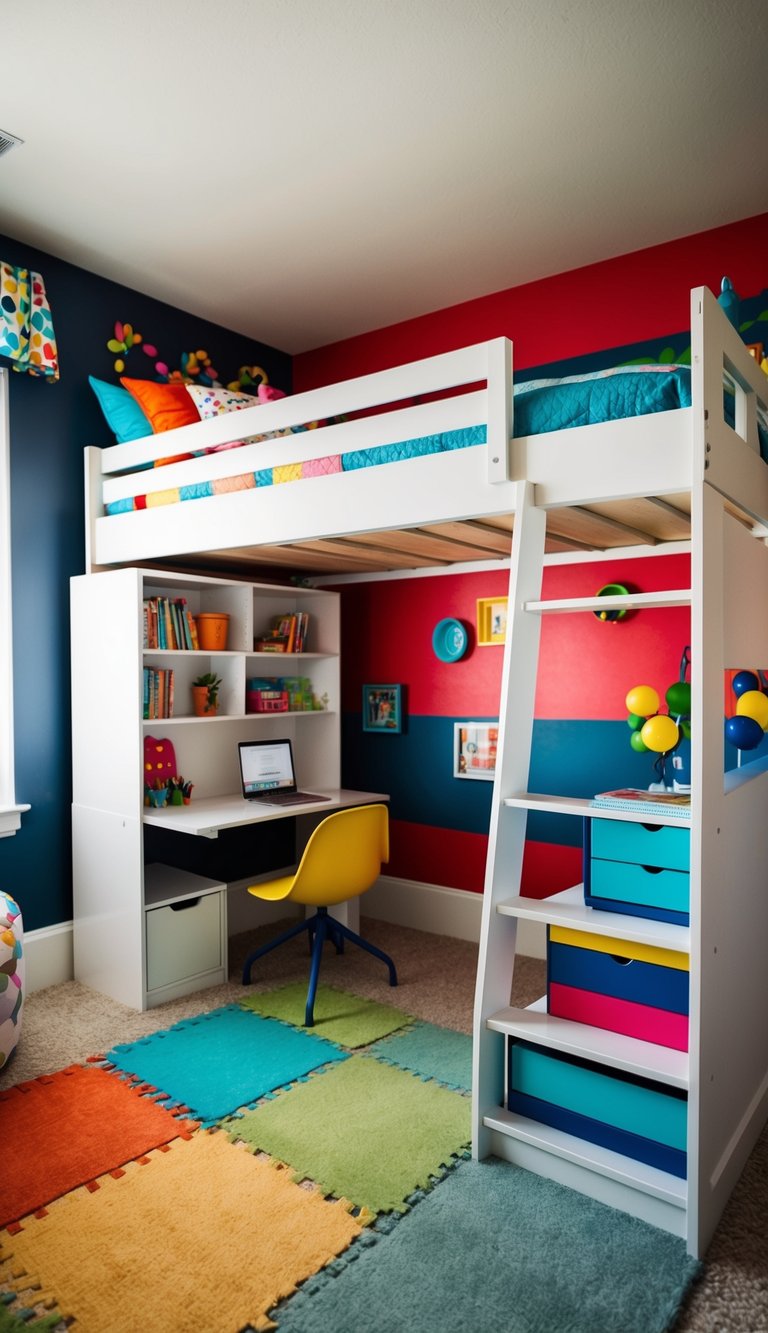 A loft bed with a built-in study area, surrounded by colorful decor and playful accents in a kids' bedroom