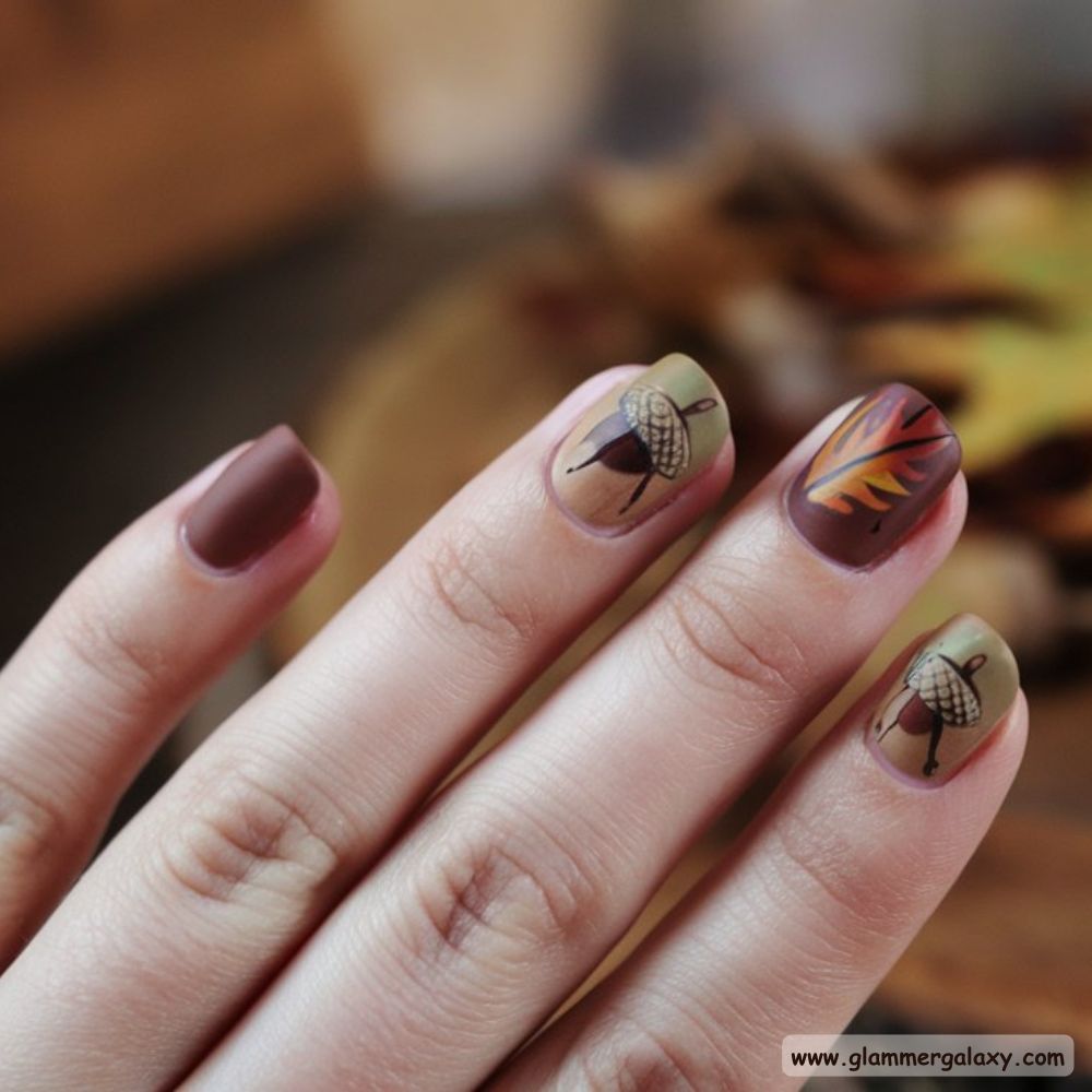 Thanksgiving Nail Designs having Autumn Leaves and Acorn Nails
