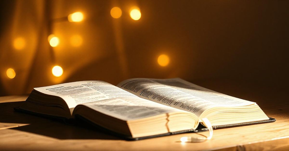 A Bible rests on a table illuminated by soft lights, symbolizing the Biblical Meanings of Flickering Lights.