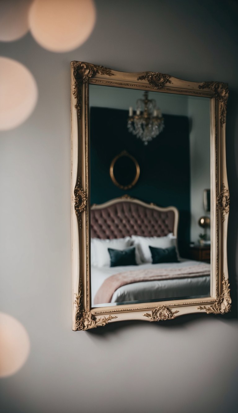 A vintage wall mirror reflects a dark, feminine bedroom