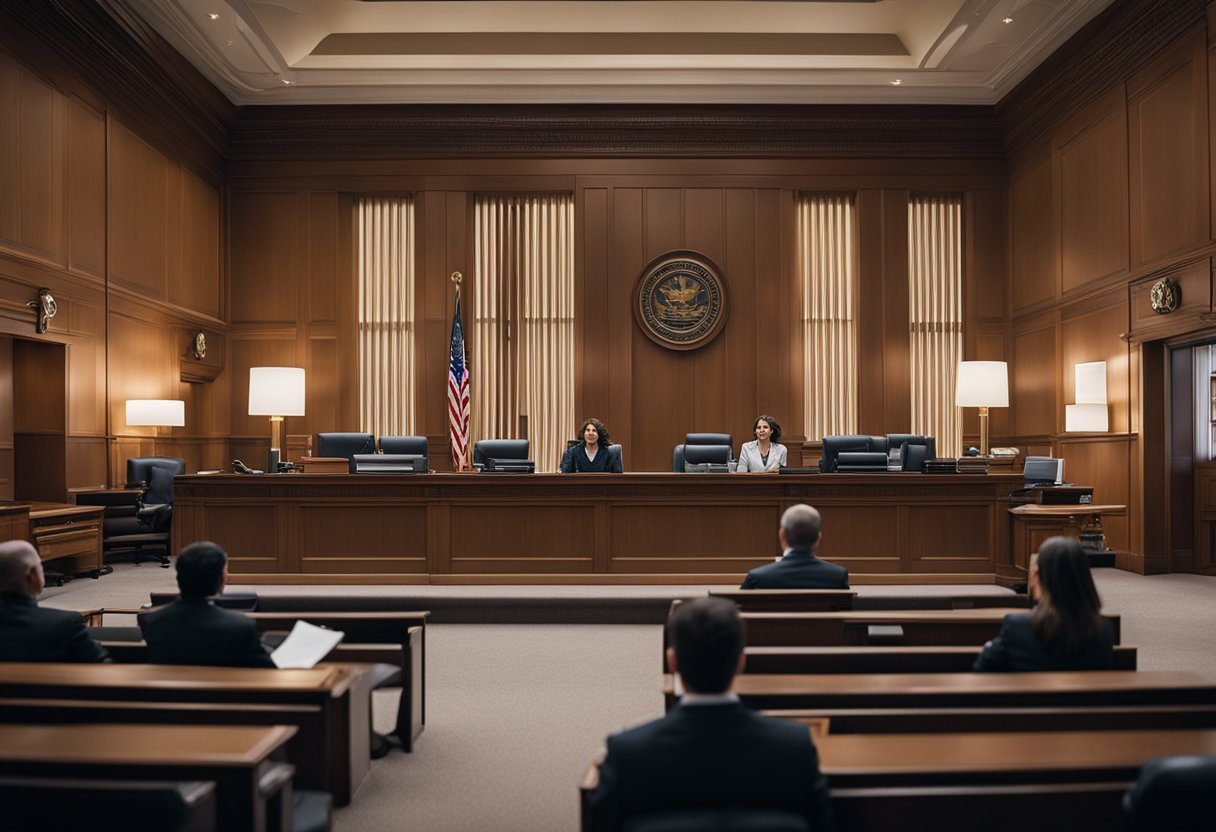 A courtroom with a judge, lawyers, and a minor defendant. The atmosphere is tense as the discussion revolves around the issue of suing a minor for personal injury