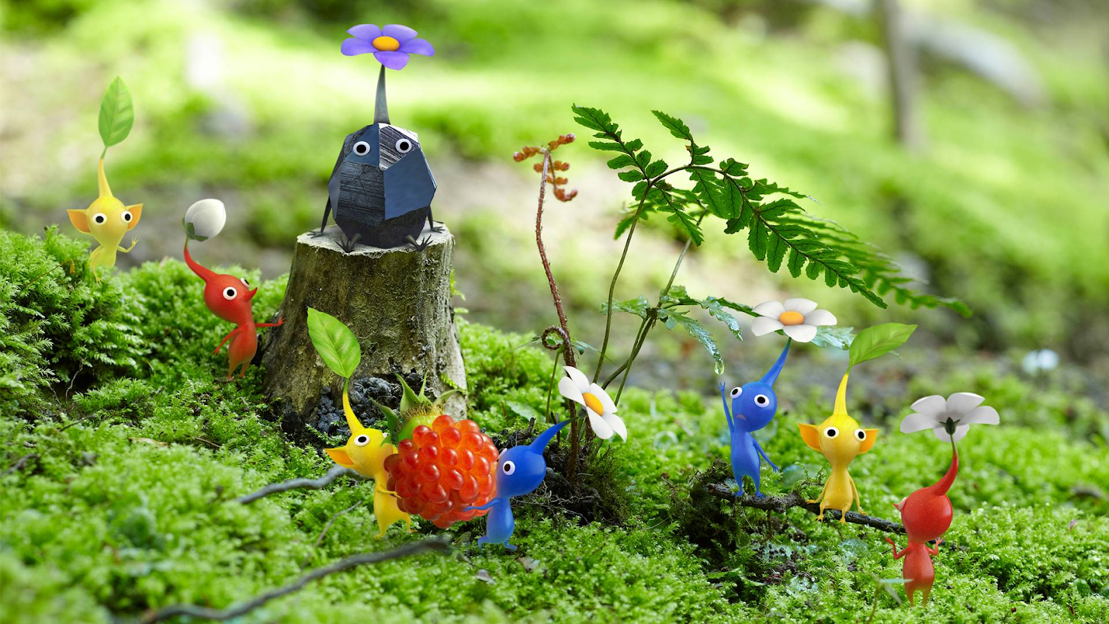 A group of all kinds of Pikmin sitting in the grass with a raspberry.