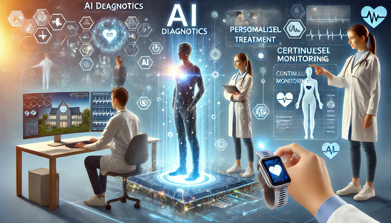 Various applications of AI in healthcare, including diagnostics, personalized treatment, and continuous monitoring.