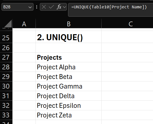 dynamic arrays in Excel - Unique Function