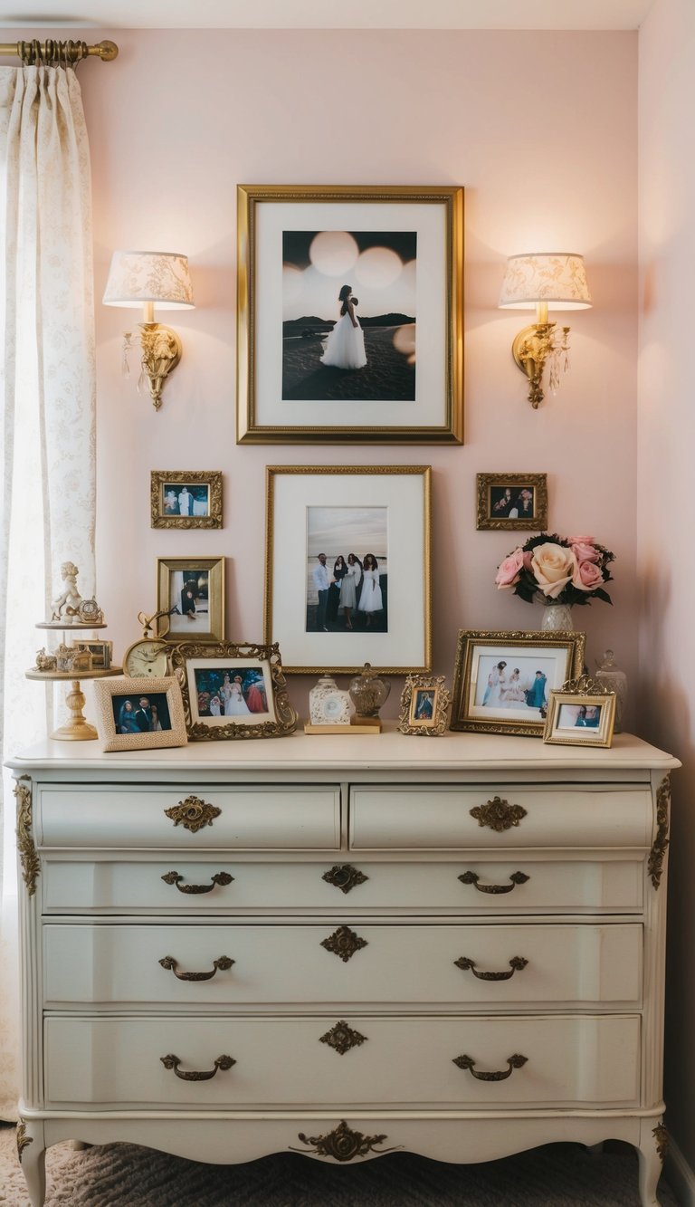 A vintage dresser adorned with trinkets and framed photos sits in a cozy, feminine bedroom