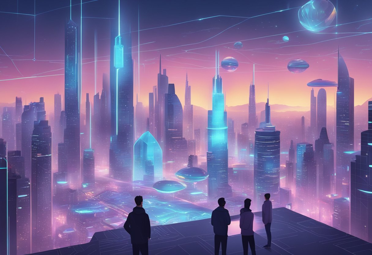 A futuristic city skyline with AI-powered holographic storytellers interacting with virtual characters in a dynamic and immersive narrative environment